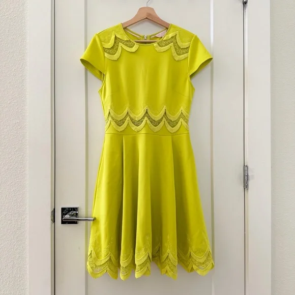 Ted Baker Rehanna Embroidered Skater Scalloped Dress Lime Green Size 2 Ted Baker Rehanna Embroidered Skater Scalloped Dress Lime Green Size 2